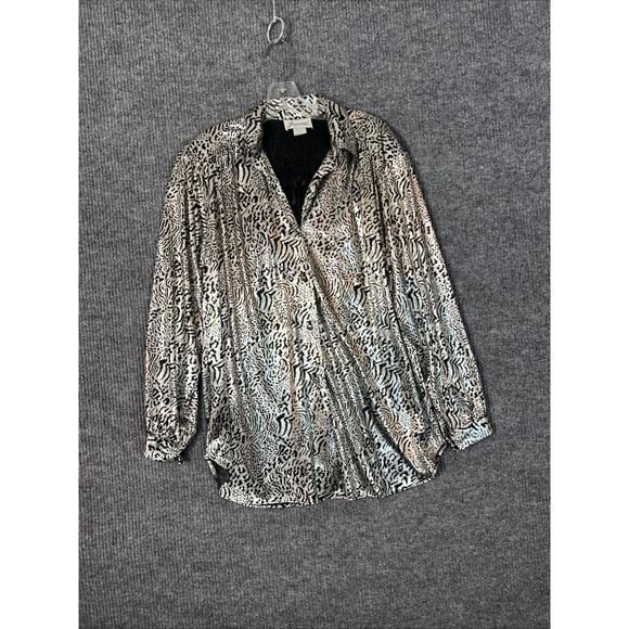 Joanna Tops - Vintage Joanna Womens Button Up Blouse Size Medium Metallic Coated Animal Print